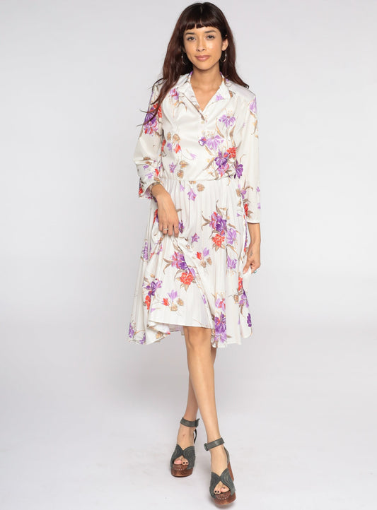 70s Cream Floral Midi Dress High Waist Pleated Button Up Long Sleeve Small Medium