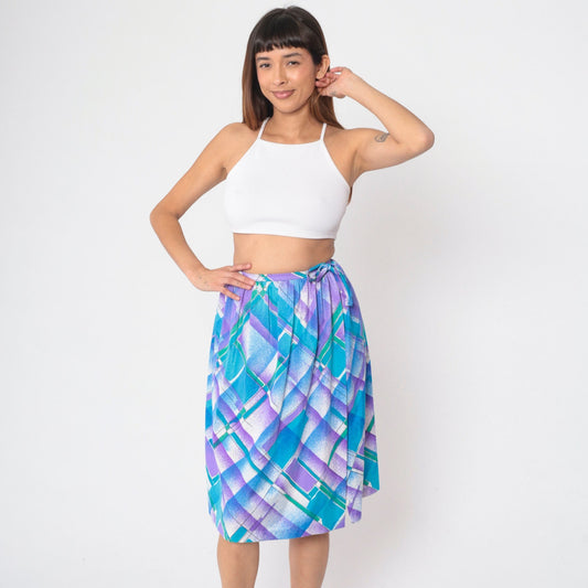 80s Checkered Knee Skirt Blue Purple White Plaid High Waist Tie Small
