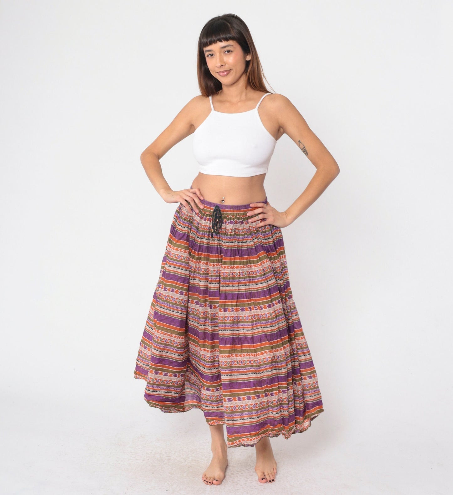 90s Capezio Geometric Striped Broomstick Midi Skirt Drawstring Purple Small