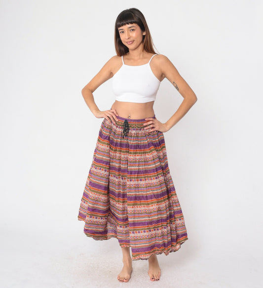 90s Capezio Geometric Striped Broomstick Midi Skirt Drawstring Purple Small