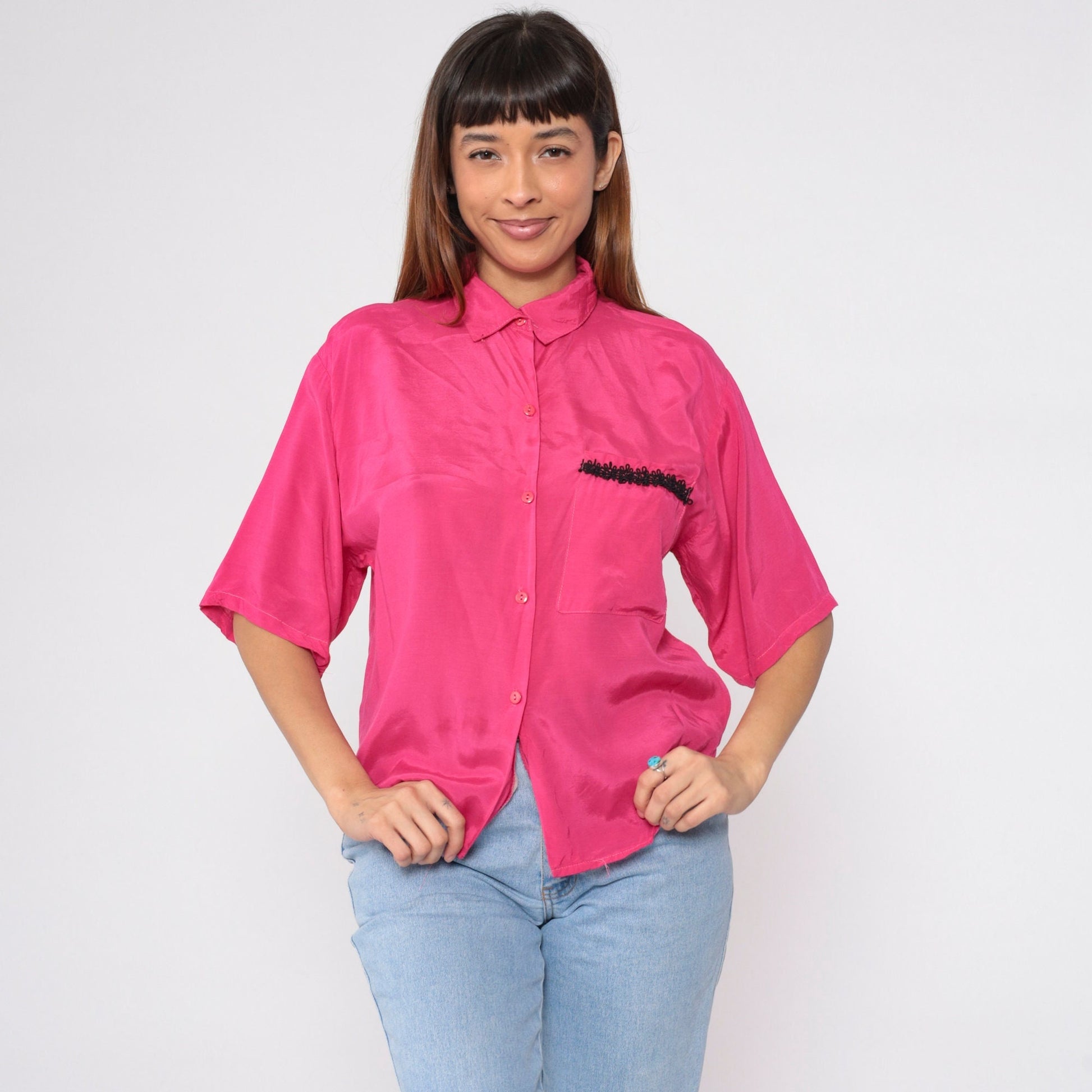 90s Hot Pink Button-Up Blouse Black Soutache Trim Short Sleeve Medium M