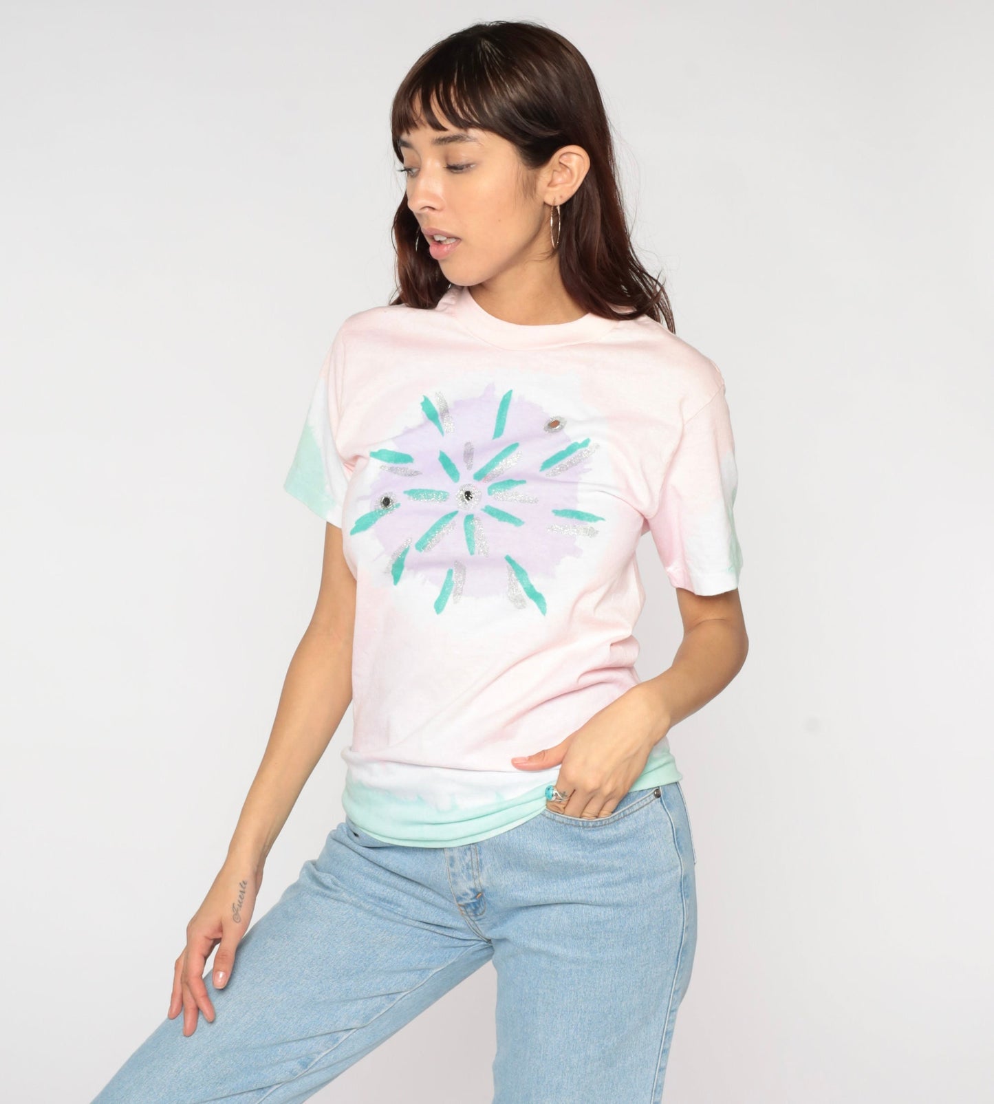 90s Tie Dye T-Shirt Pink Starburst Chest Graphic Cotton Tee Medium