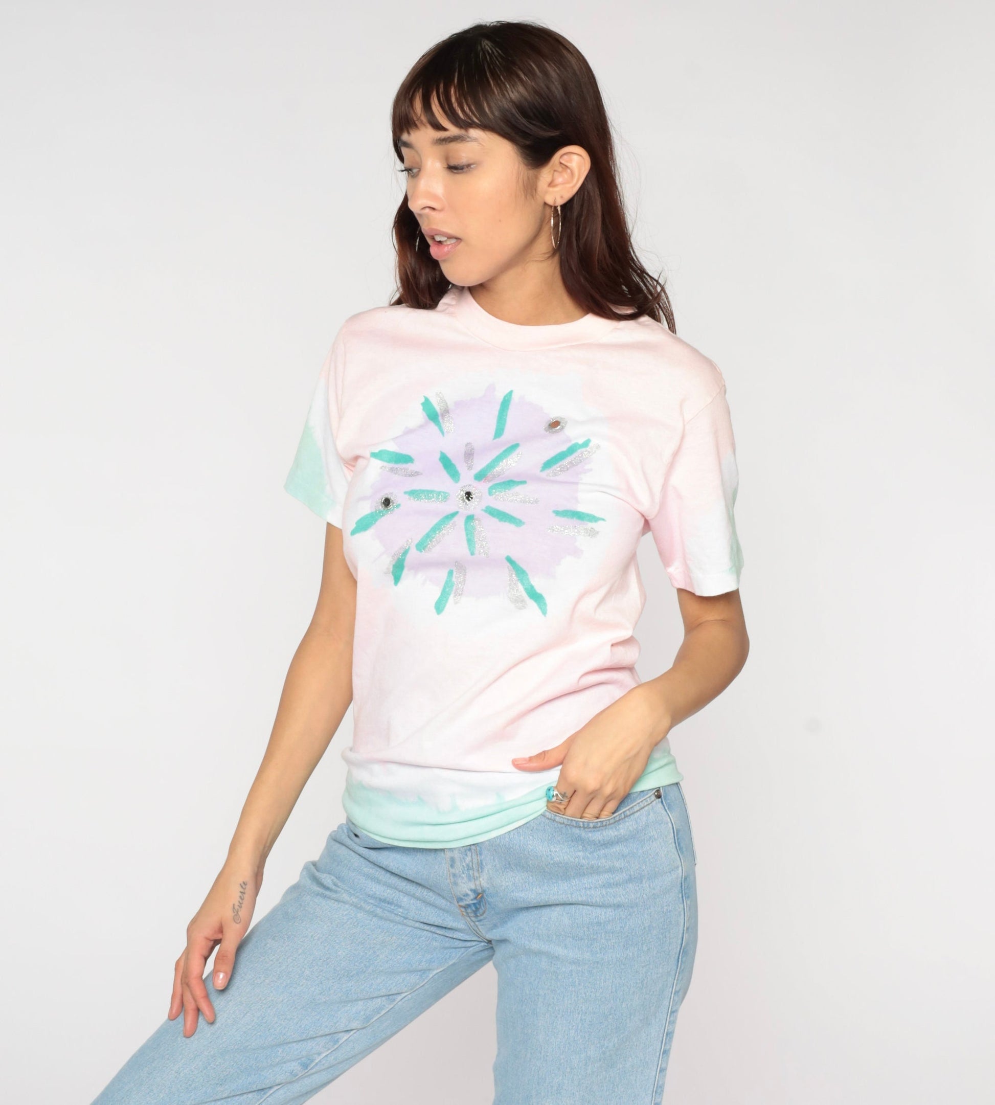 90s Tie Dye T-Shirt Pink Starburst Chest Graphic Cotton Tee Medium