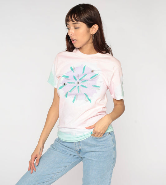 90s Tie Dye T-Shirt Pink Starburst Chest Graphic Cotton Tee Medium