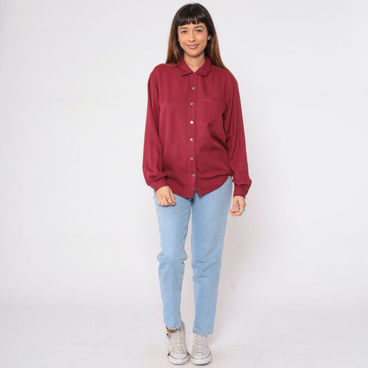 00s Tommy Bahama Maroon Silk Button-Up Blouse Long Sleeve Small S