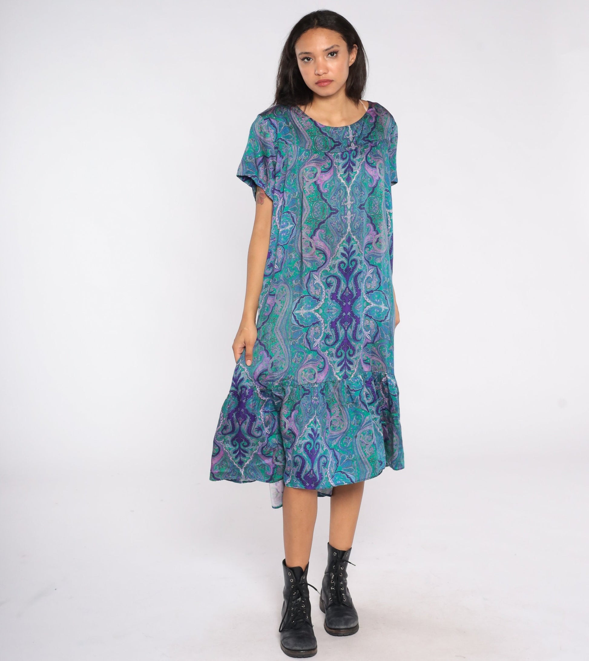 80s Psychedelic Tent Dress Midi Blue Print Short Sleeve Plus Size XXL