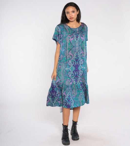 80s Psychedelic Tent Dress Midi Blue Print Short Sleeve Plus Size XXL