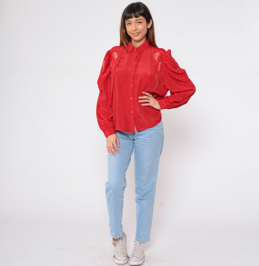 90s Red Sequin Embroidered Button-Up Blouse Puff Sleeve Large L