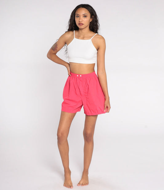 80s Hot Pink Nylon Shorts High Waist Baggy Beach Small S