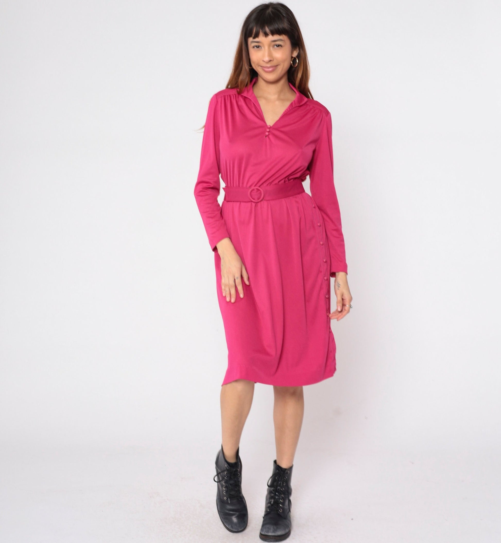 70s Leslie Faye Midi Dress Pink Blouson Long Sleeve Belted Small