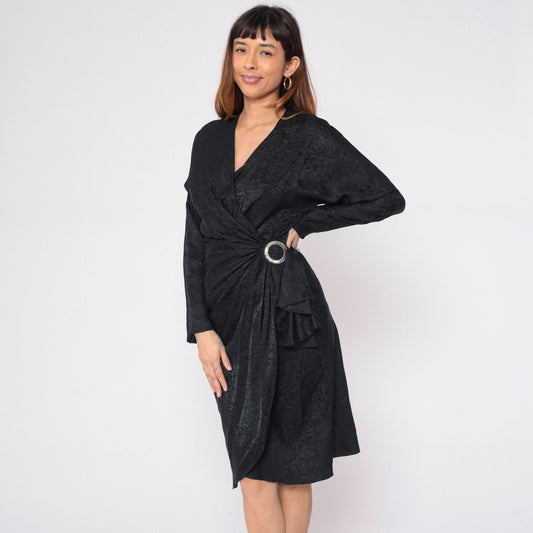 80s Argenti Black Silk Floral Jacquard Wrap Dress Midi Dolman Sleeve Medium 8