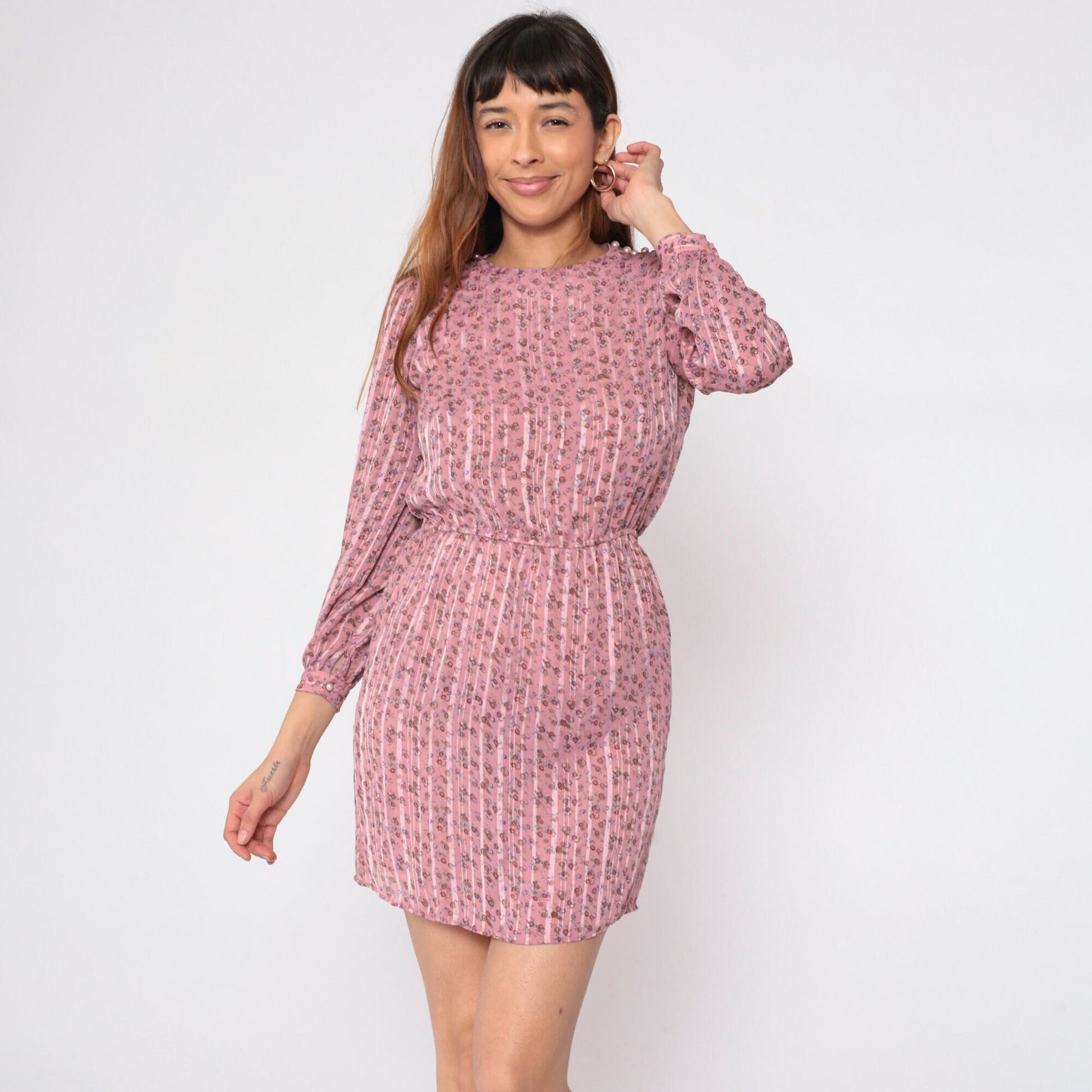 70s Pink Floral Striped Mini Dress Puff Sleeve Pearl Buttons High Waist Small