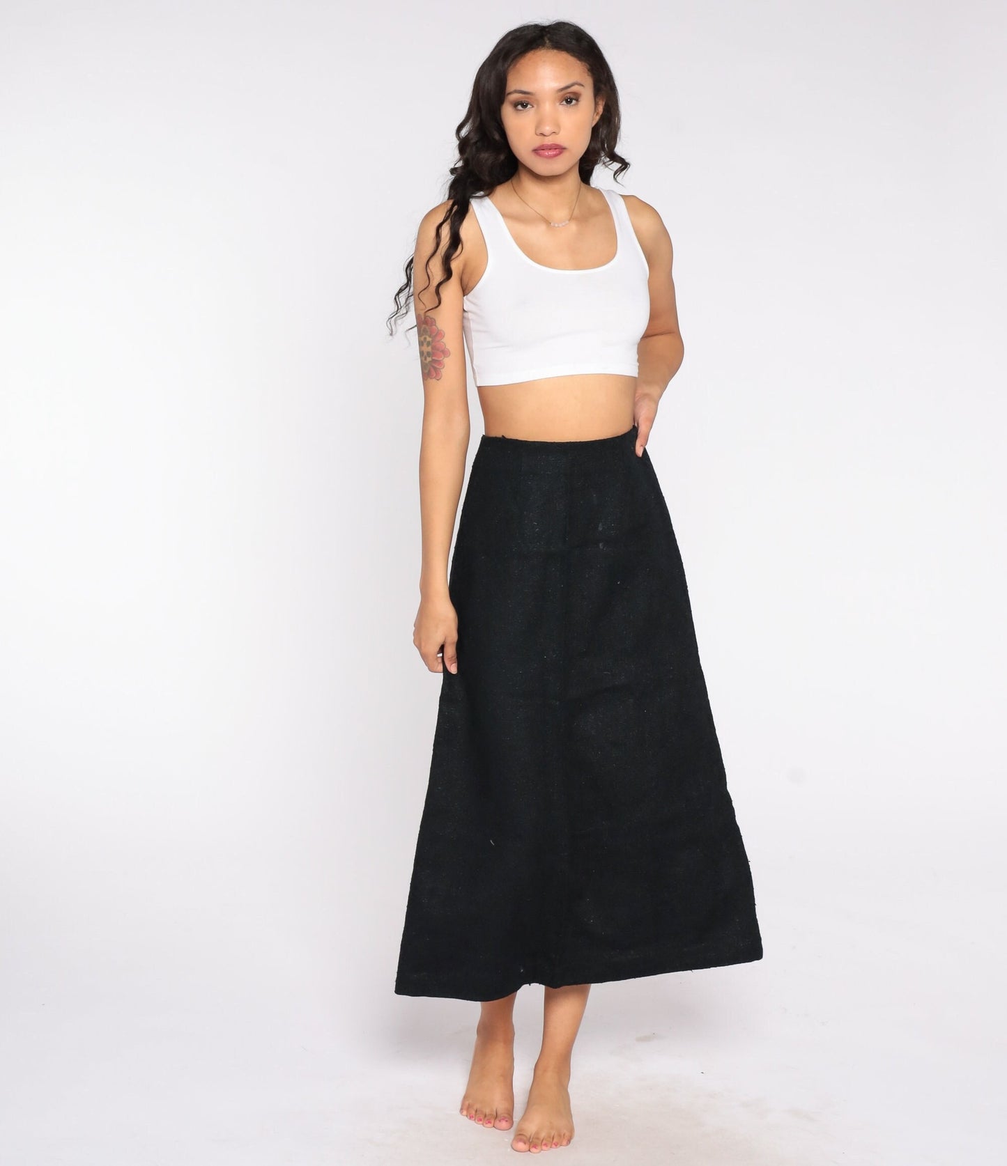 60s Black Tweed Maxi Skirt High Waist Back Zip Small