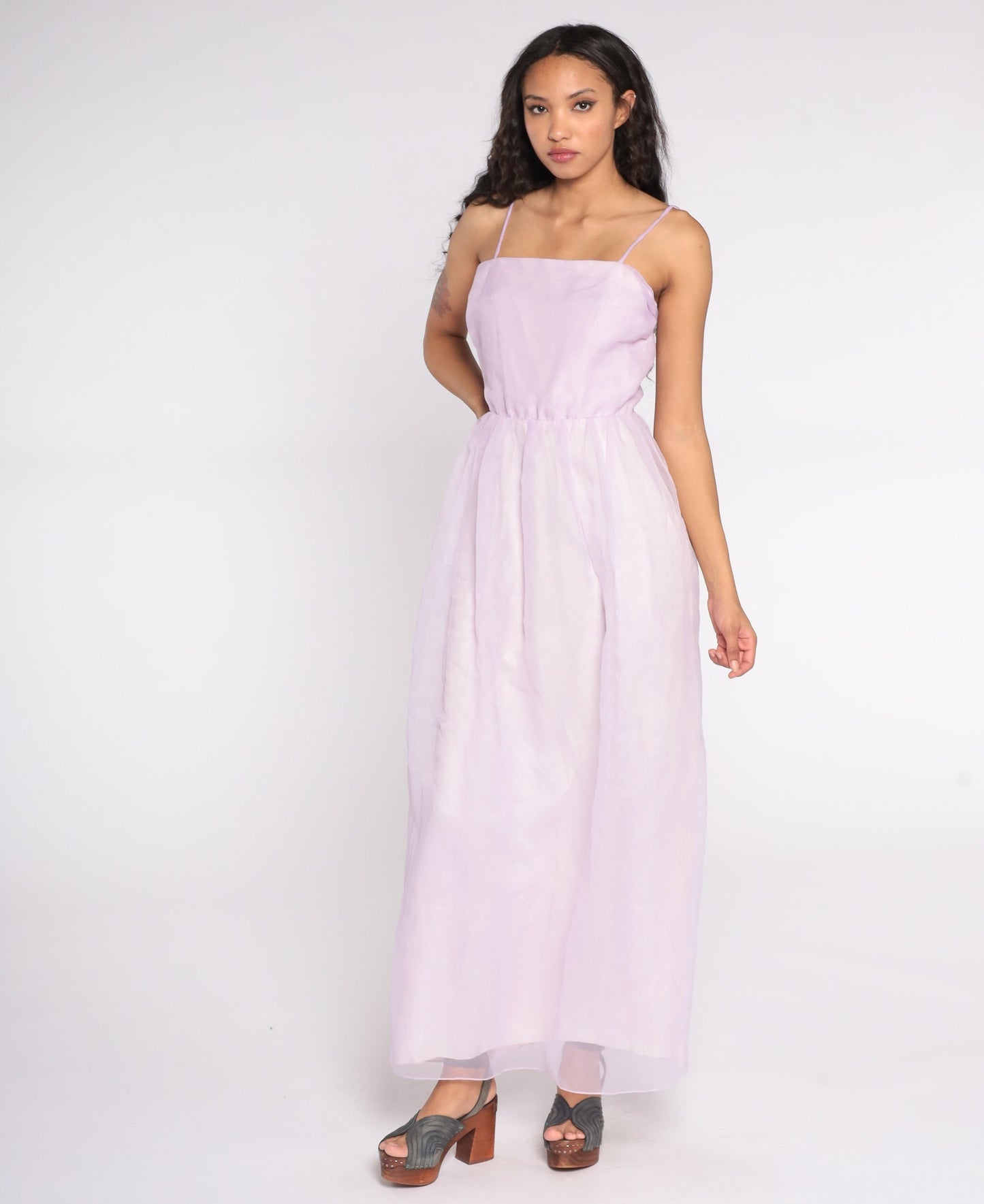 70s Lavender Chiffon Maxi Dress Spaghetti Strap Sleeveless Extra Small XS