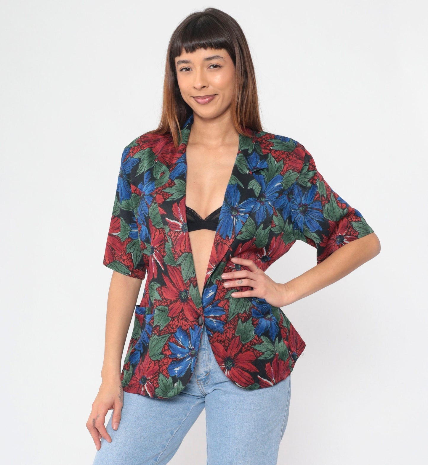 90s Floral Print Button-Up Blouse Deep V-Neck Short Sleeve Medium