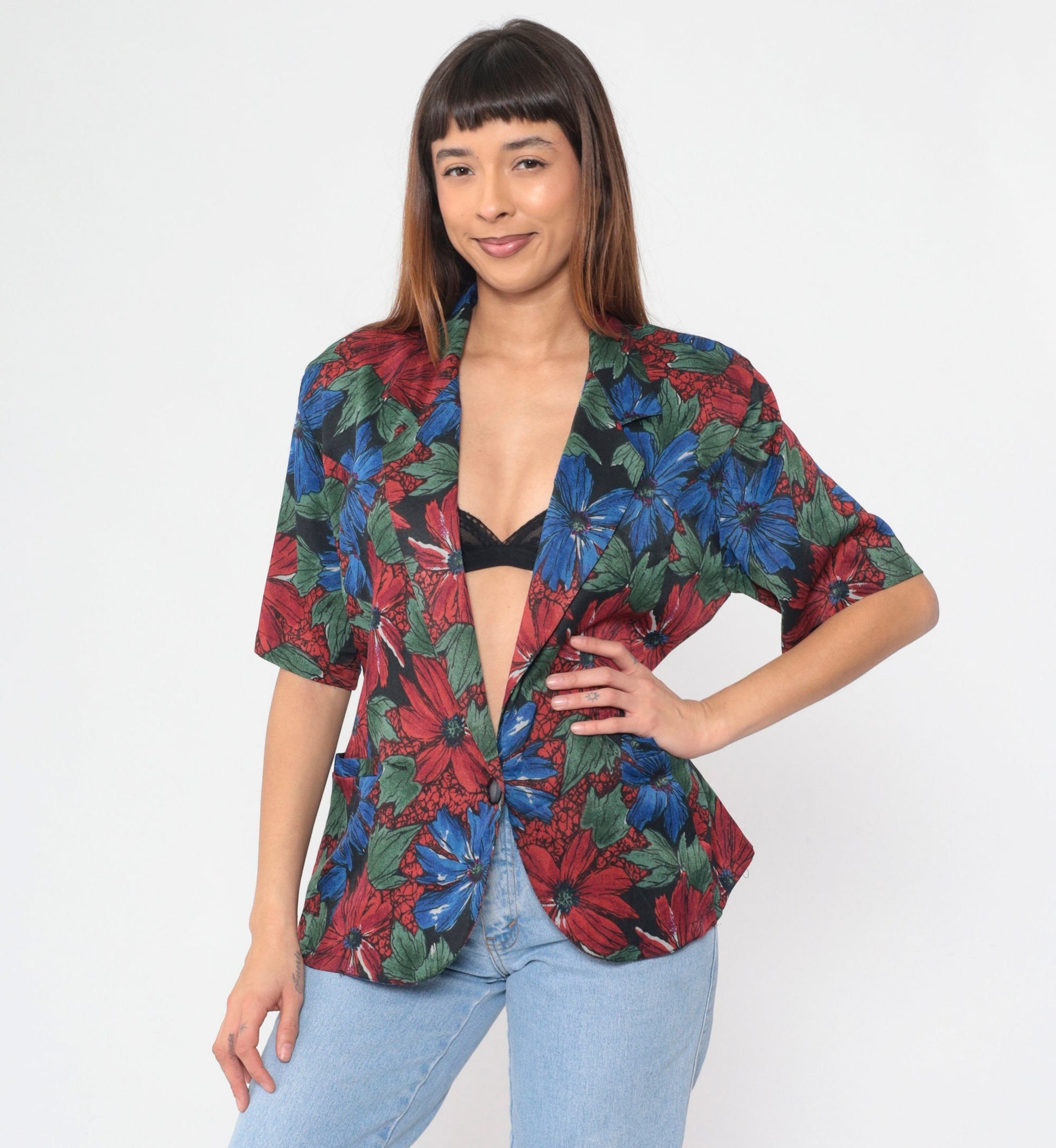 90s Floral Print Button-Up Blouse Deep V-Neck Short Sleeve Medium