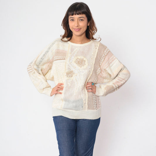 90s Mariea Kim Beaded Floral Knit Sweater Cream Mixed Media Medium