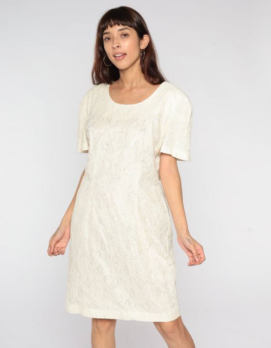 90s Off-White Lace Mini Dress Short Sleeve Sheath Cocktail Large L