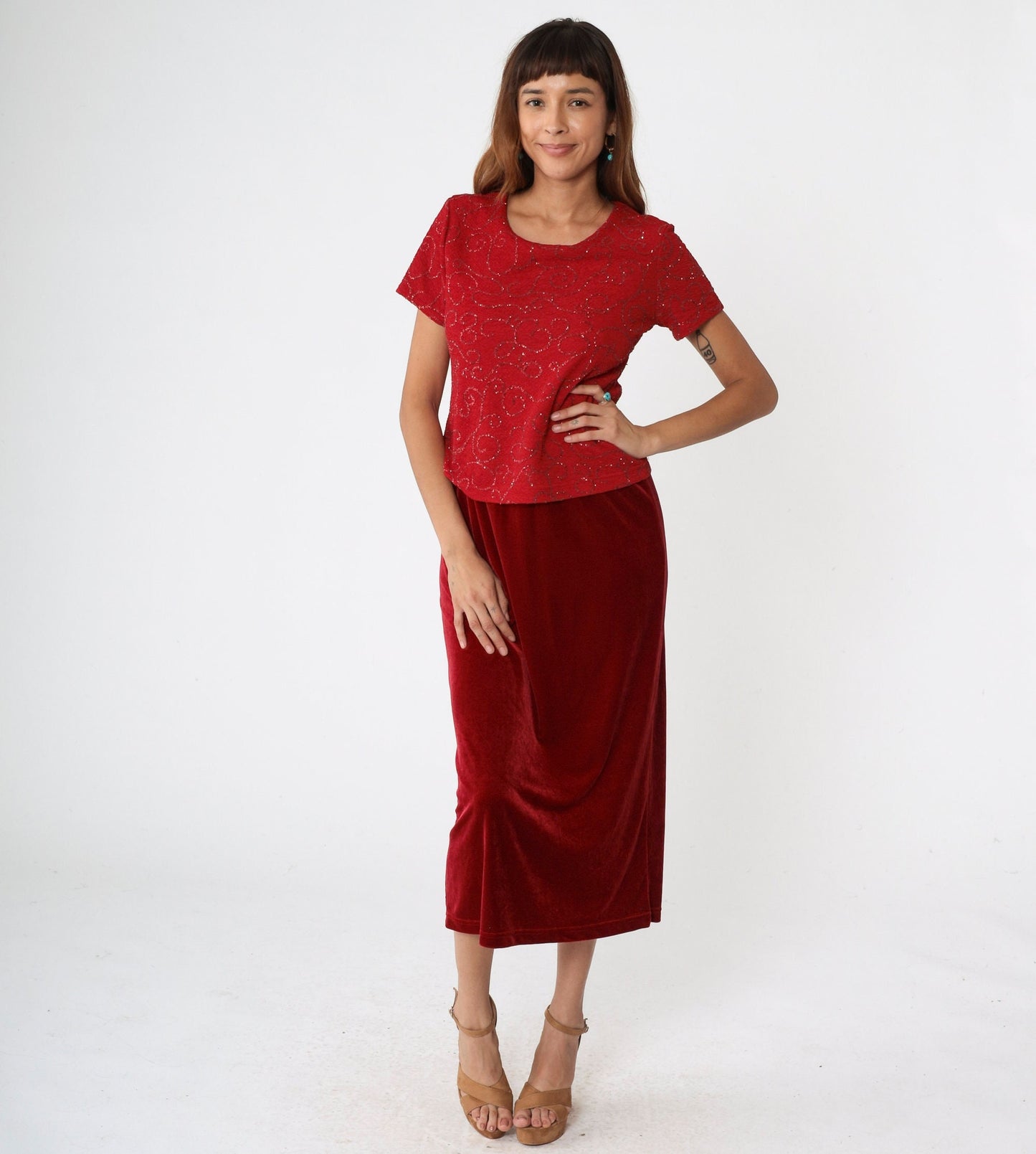 90s Kathie Lee Red Velvet Midi Dress Glitter Bodice Drop Waist Small