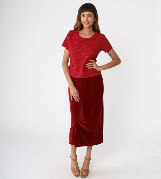 90s Kathie Lee Red Velvet Midi Dress Glitter Bodice Drop Waist Small