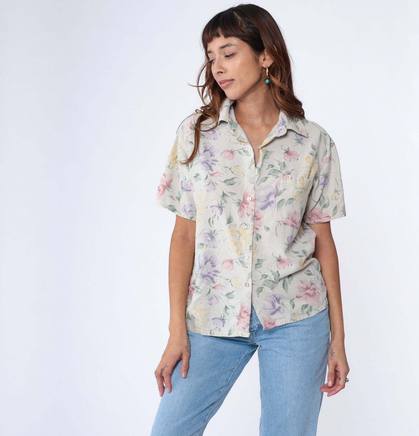 90s Selene Sport Silk Floral Button-Up Blouse Beige Short Sleeve Medium