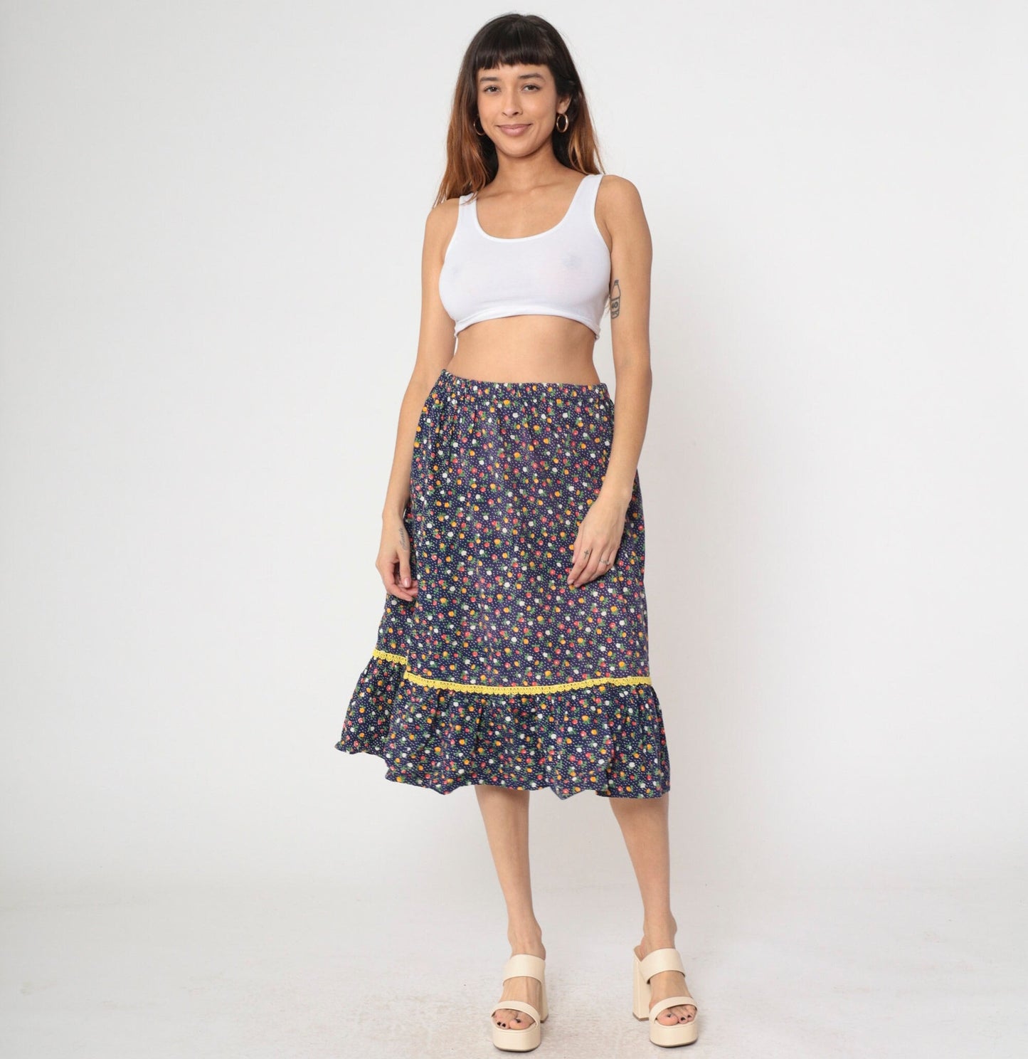 70s Navy Floral Calico Midi Skirt Tiered Flounce Elastic Waist Medium