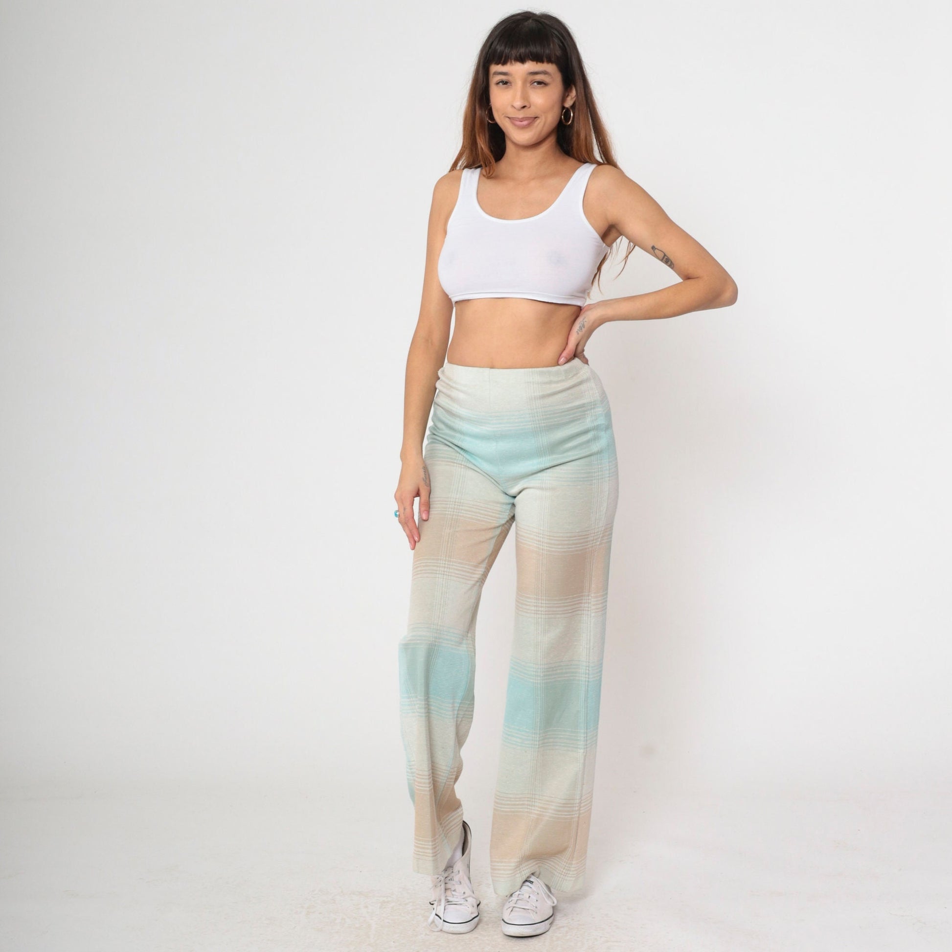 70s Plaid Flared Trousers High Waisted Bell Bottoms Pastel Blue Small