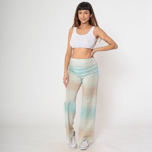 70s Plaid Flared Trousers High Waisted Bell Bottoms Pastel Blue Small