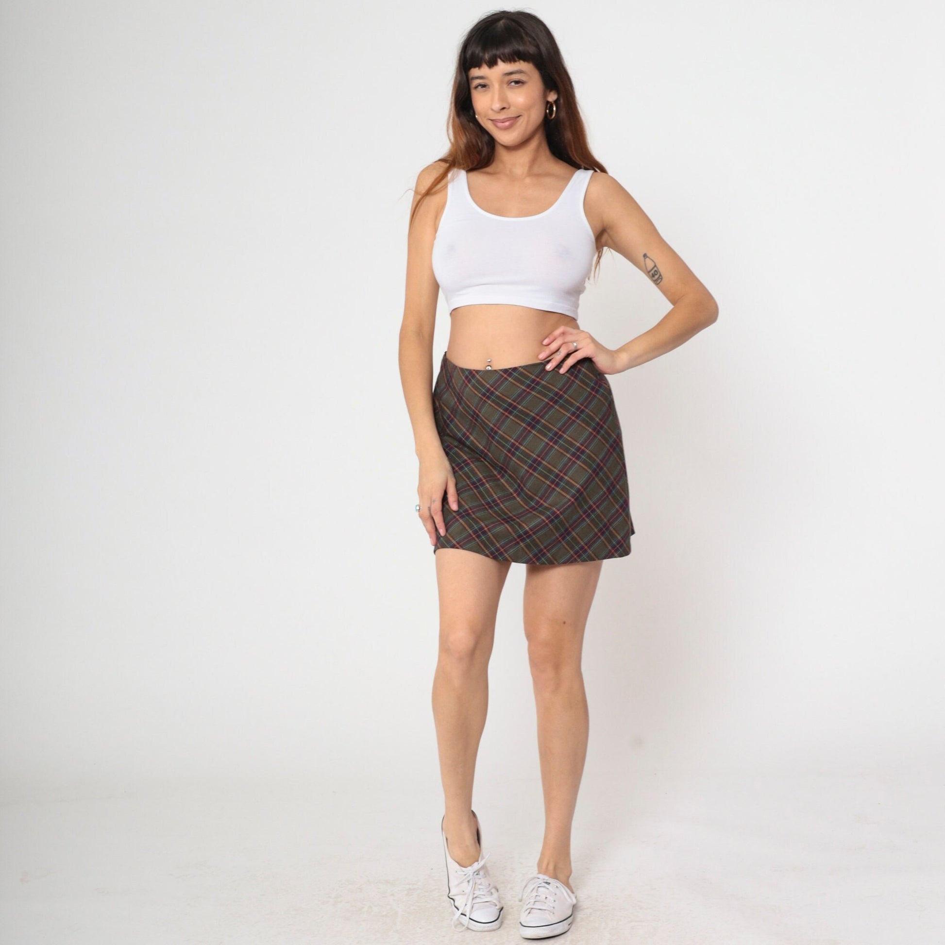 00s Plaid Mini Skirt Olive Burgundy Tartan High Waisted School Girl Medium