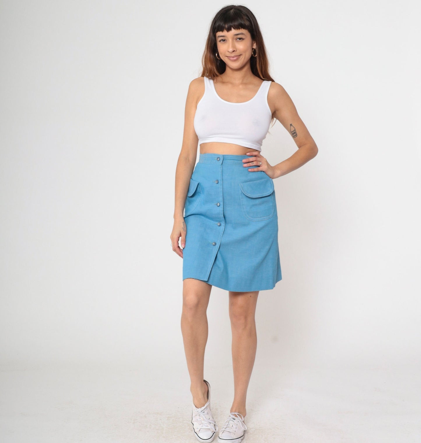70s Blue Mini Skirt High Waist Button Front Patch Pockets Small