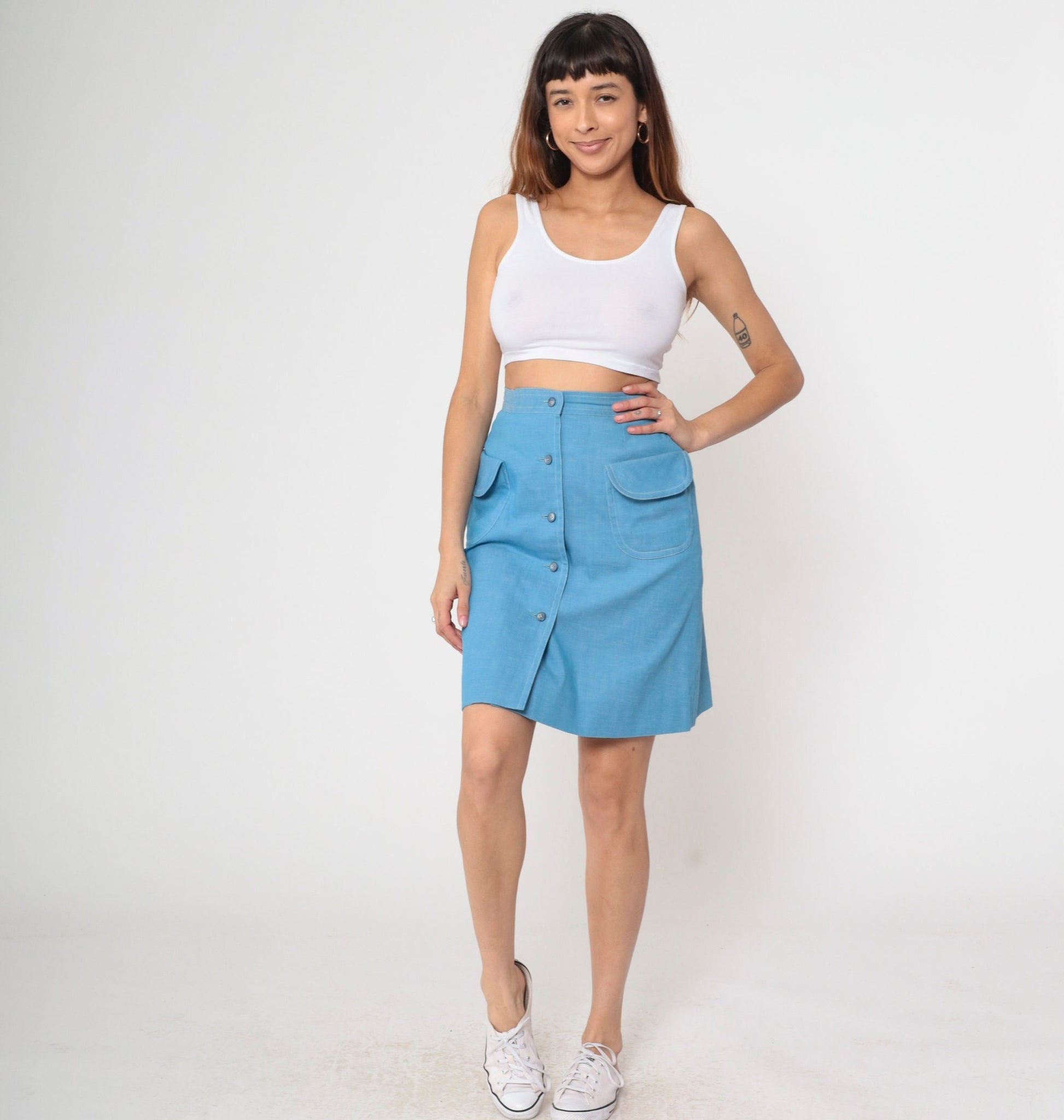 70s Blue Mini Skirt High Waist Button Front Patch Pockets Small