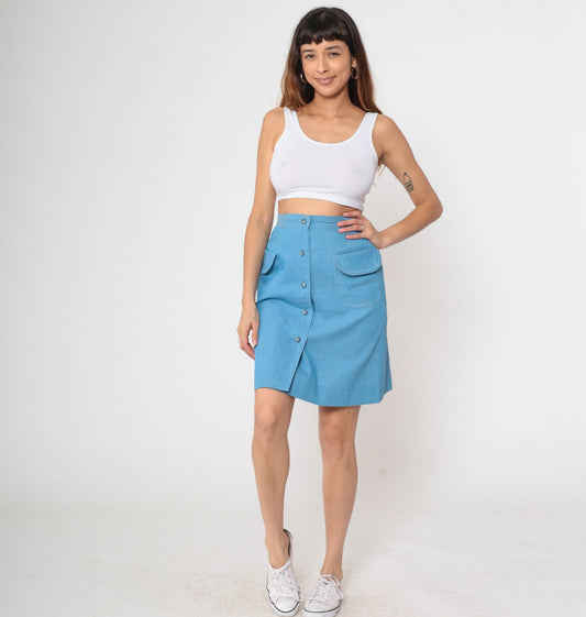 70s Blue Mini Skirt High Waist Button Front Patch Pockets Small