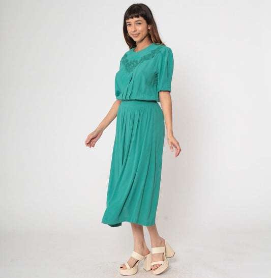 80s Karin Stevens Green Midi Dress Embroidered Lace Puff Sleeve Button Back Medium