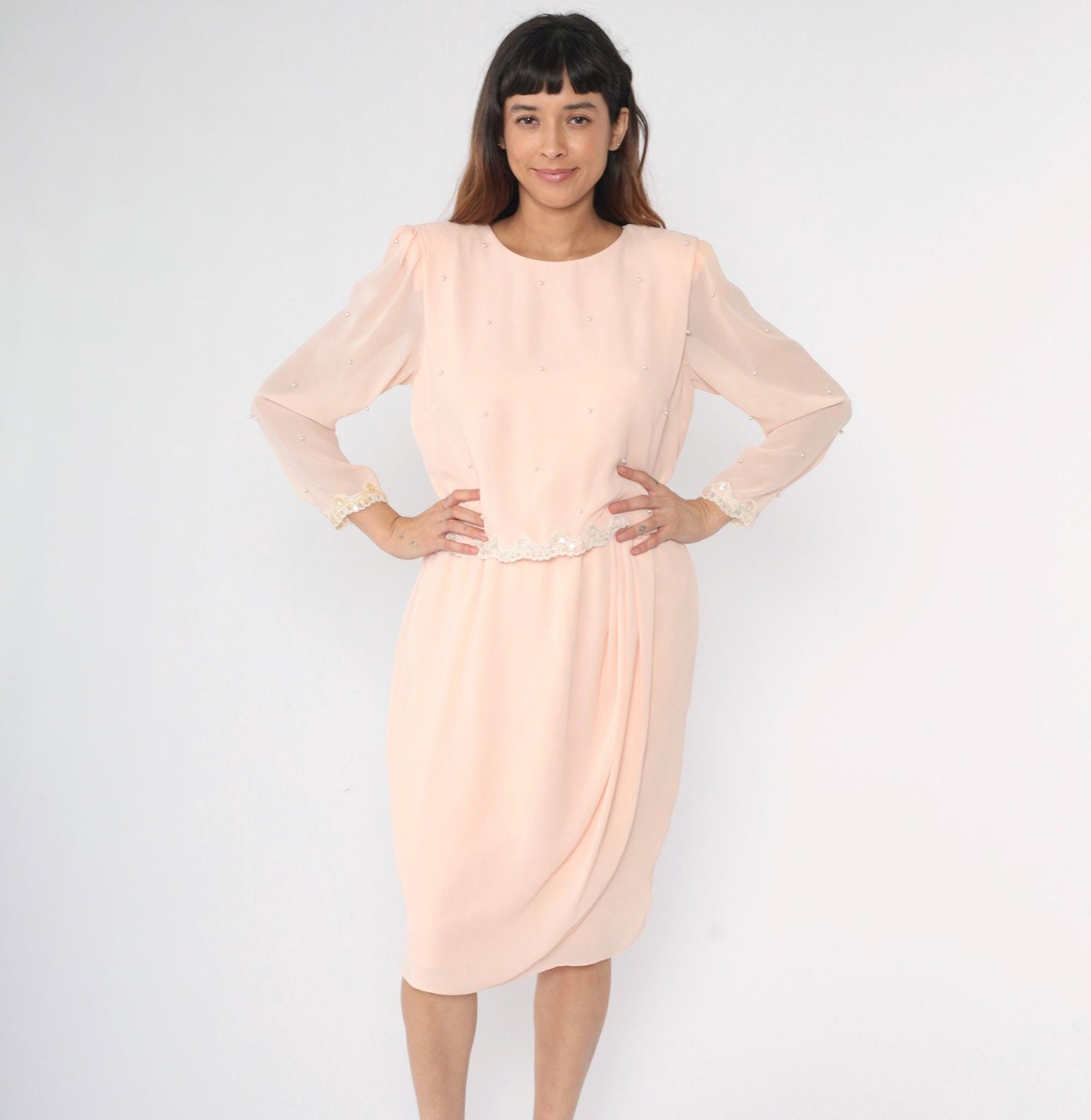 80s Miss Elliette Baby Pink Chiffon Midi Dress Puff Sleeve Beaded Sequin Medium