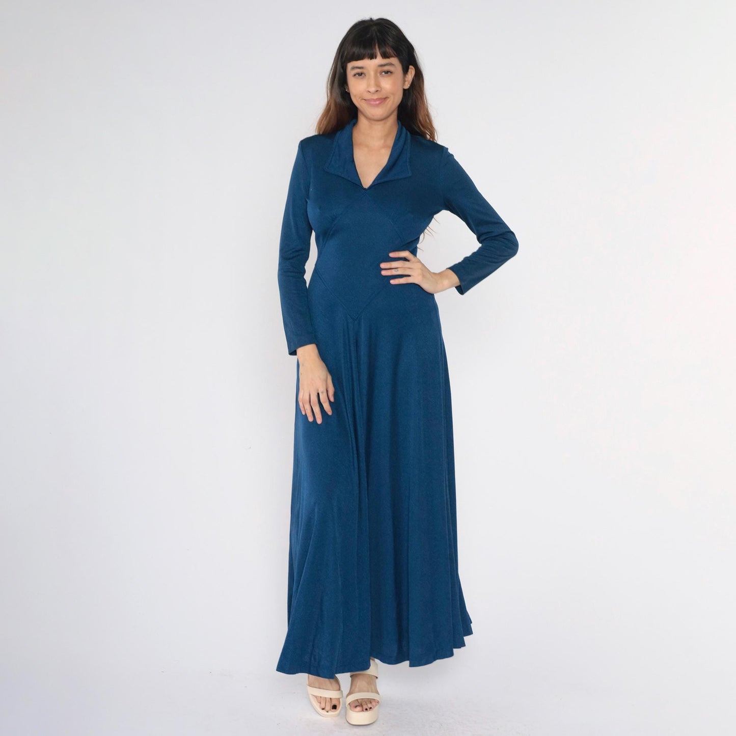 70s Navy Maxi Dress Long Sleeve Wide Collar Diamond Waist Small Medium