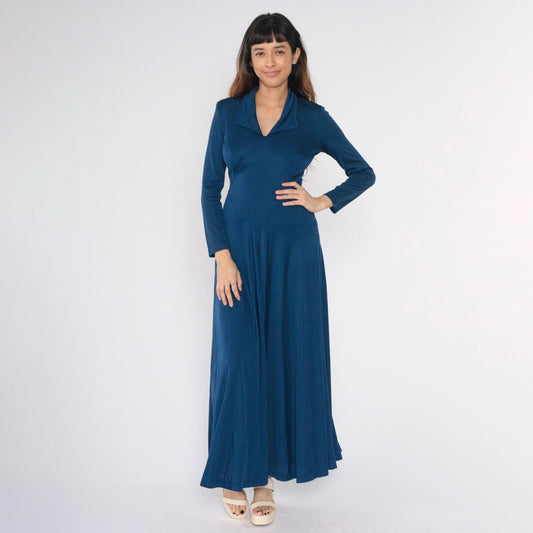 70s Navy Maxi Dress Long Sleeve Wide Collar Diamond Waist Small Medium