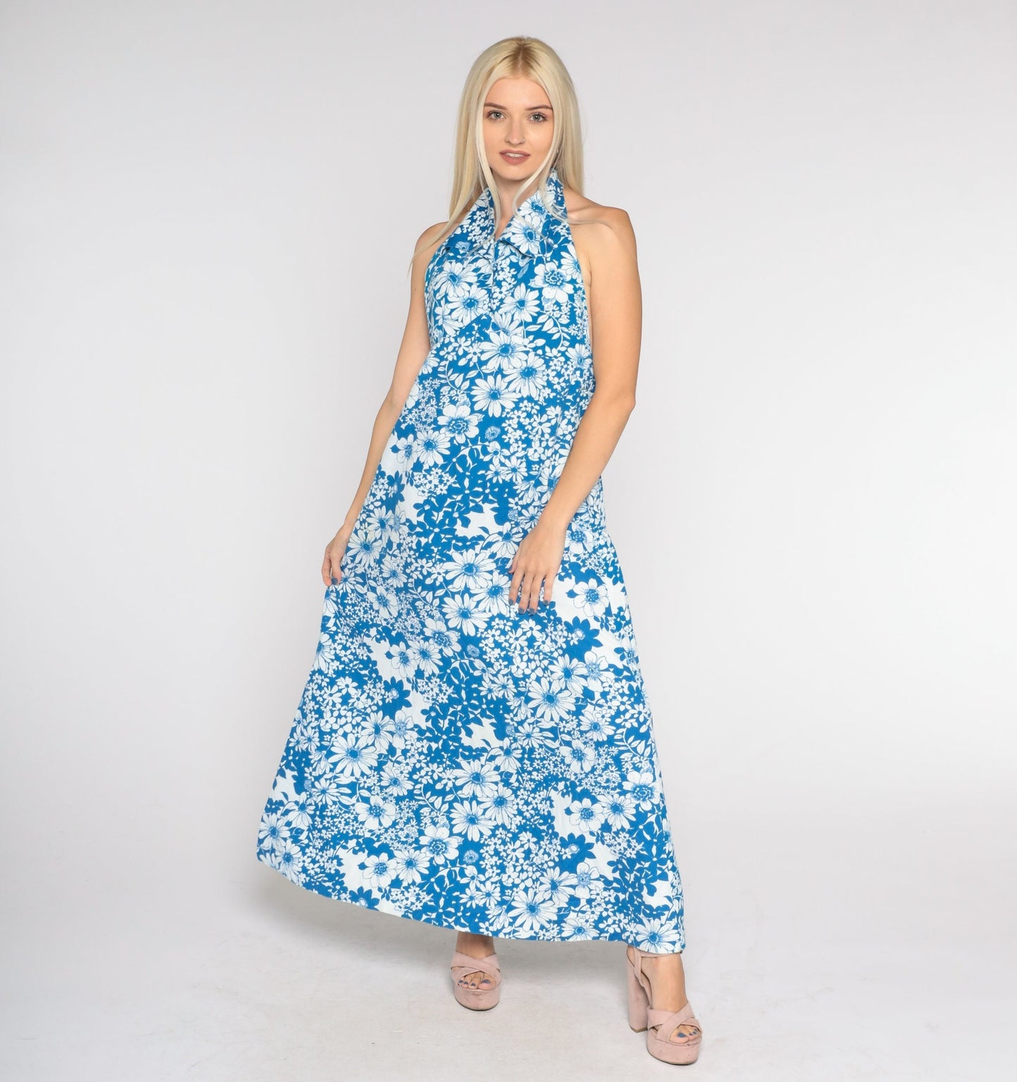 70s Blue Floral Maxi Dress Halter Neck Open Back Cotton Medium Petite