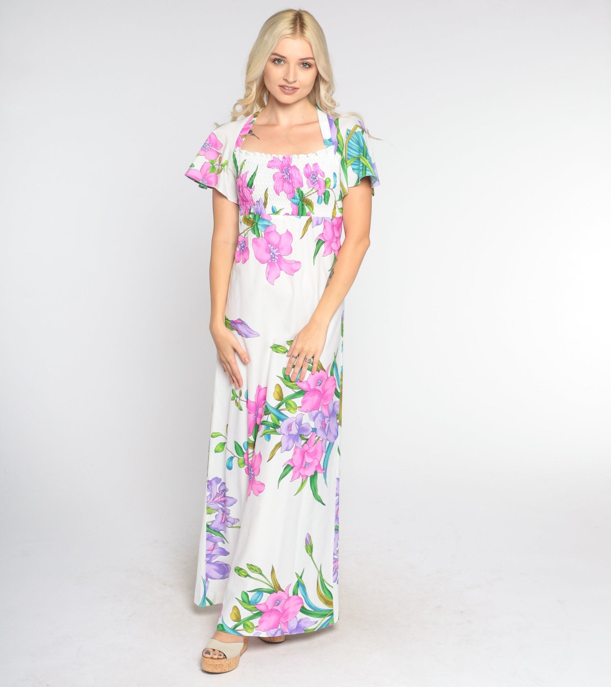 70s Tropical Floral White Maxi Dress Smocked Flutter Sleeve Empire Waist Small Medium