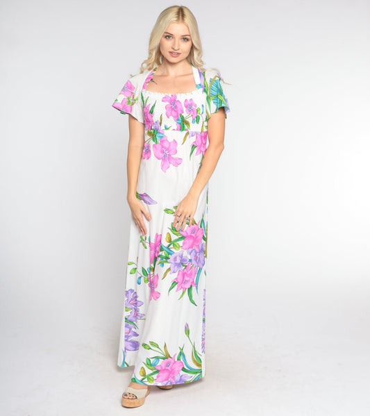 70s Tropical Floral White Maxi Dress Smocked Flutter Sleeve Empire Waist Small Medium