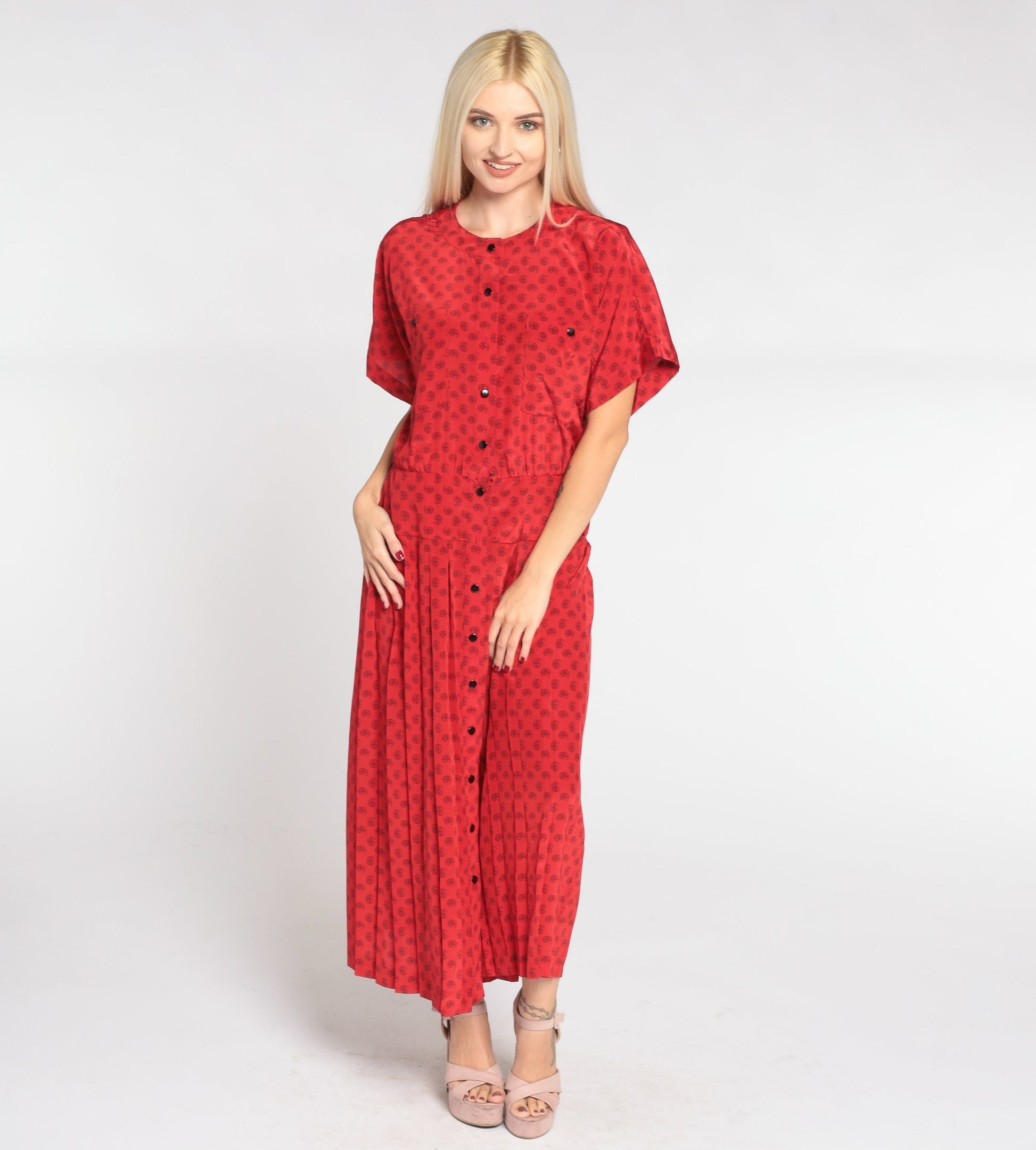 90s Liz Claiborne Red Paisley Dot Midi Shirt Dress Pleated Button-Up Medium 8
