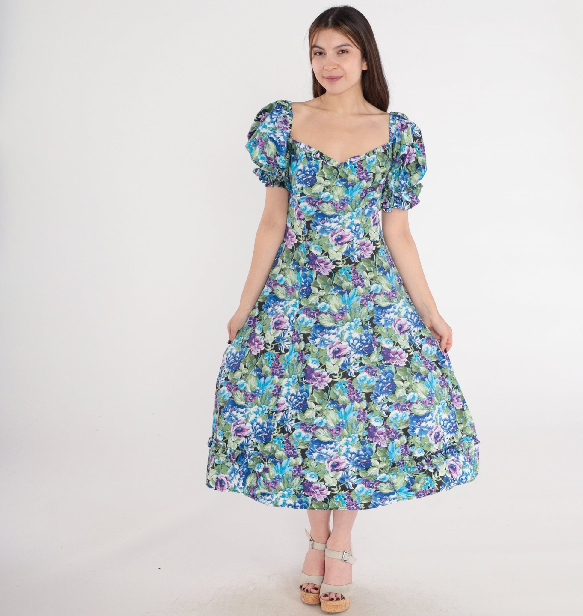 80s Floral Midi Dress Puff Sleeve Sweetheart Neckline Blue Purple Medium