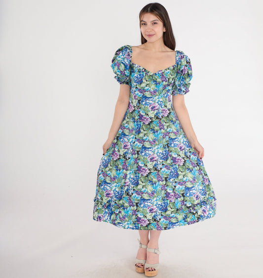 80s Floral Midi Dress Puff Sleeve Sweetheart Neckline Blue Purple Medium