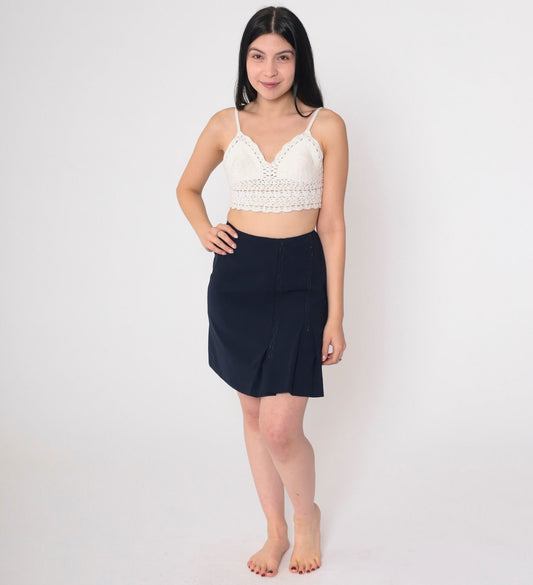 90s Navy Rhinestone Beaded Mini Skirt High Waisted Pleated Pencil Small S
