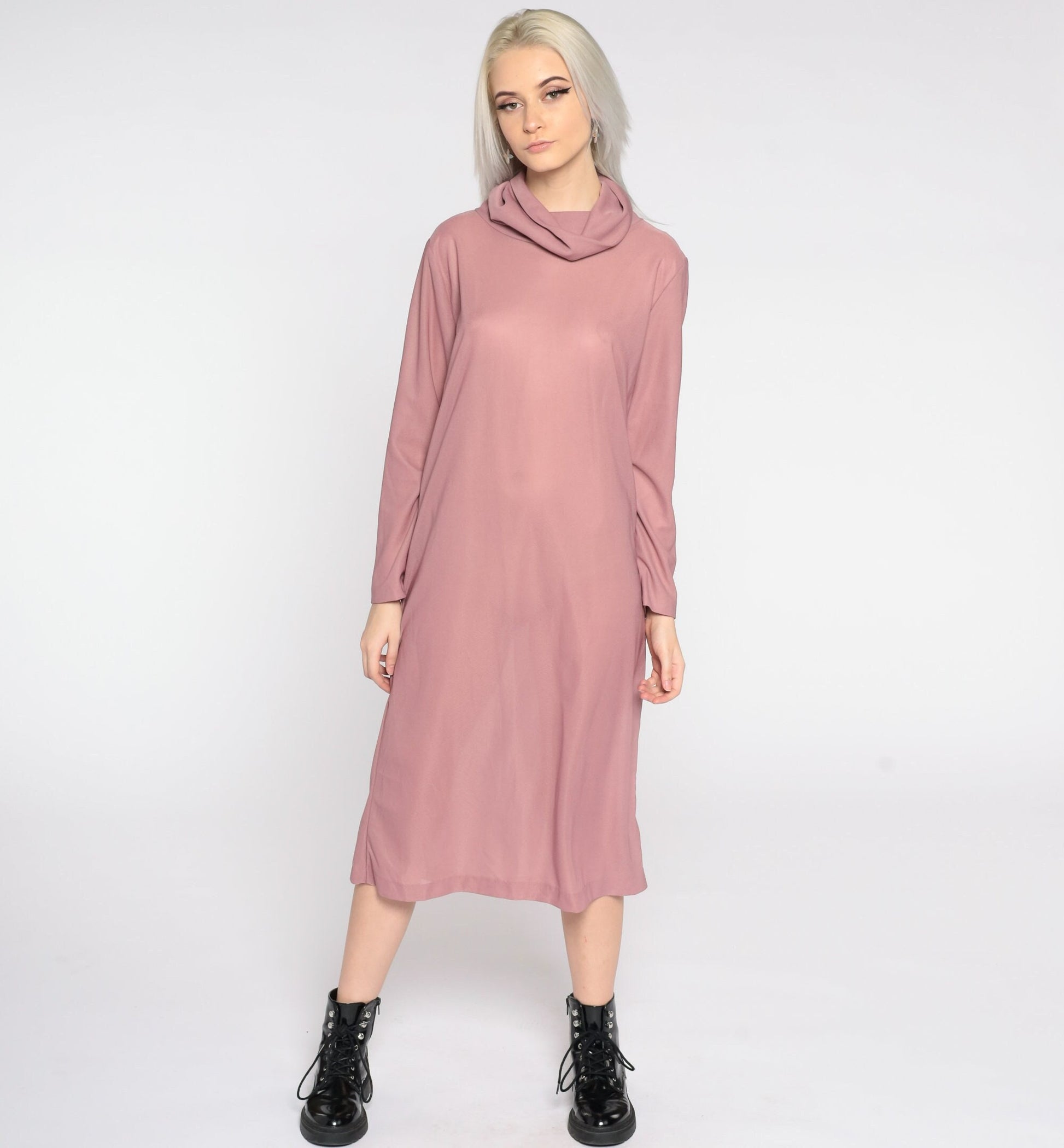 80s Pink Cowl Neck Midi Shift Dress Sheer Polyester Small Medium
