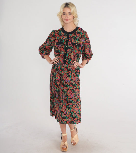 80s Black Paisley Midi Dress Puff Sleeve Button-Up Shirtwaist Medium M