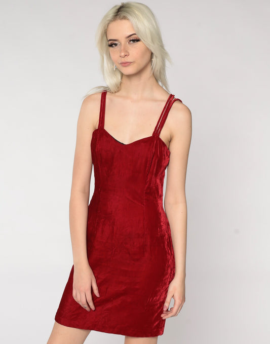 80s Red Velvet Mini Dress Sweetheart Neckline Strappy Small