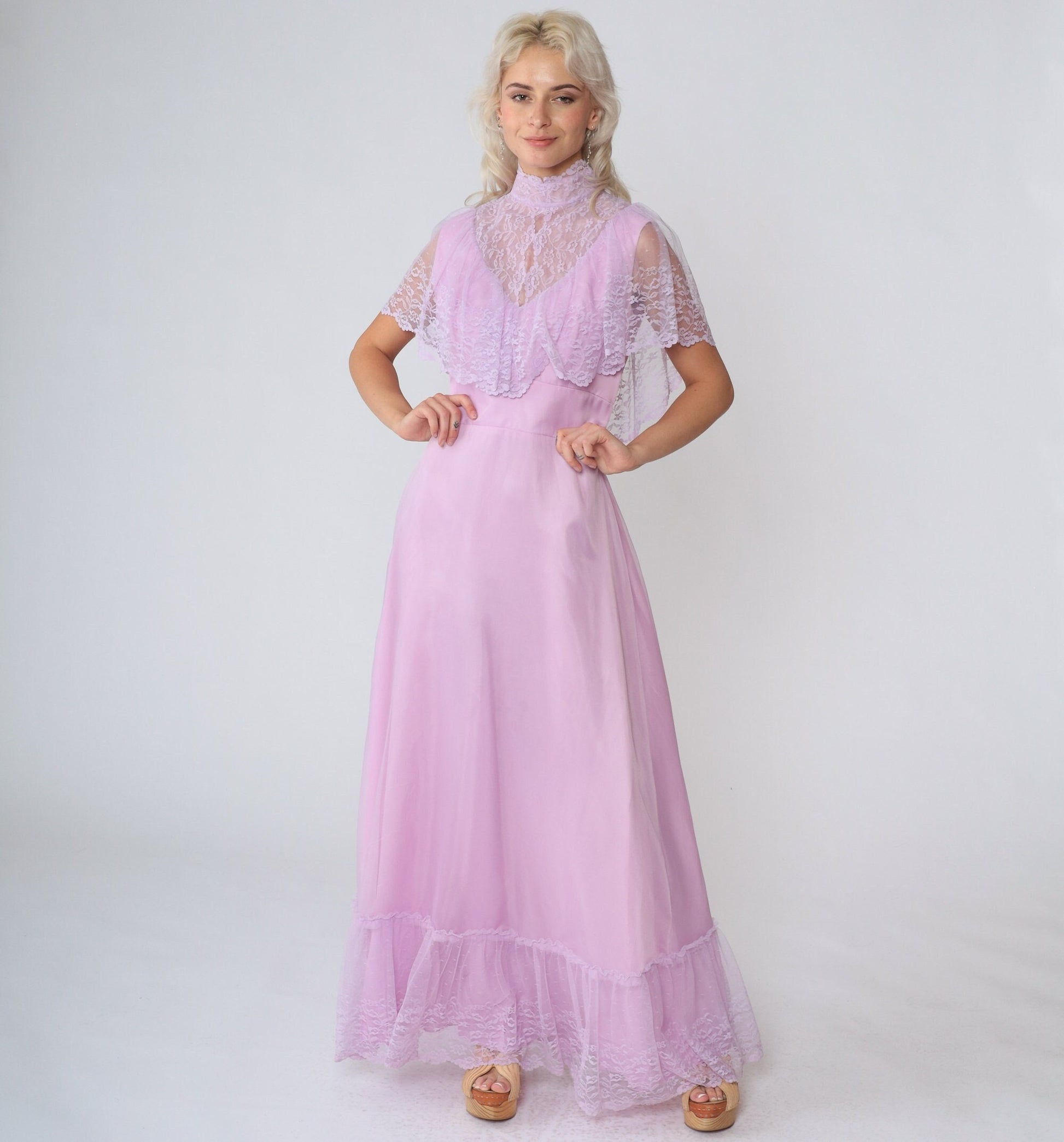 70s Purple Lace Bib Maxi Gown High Neck Tiered Skirt Small
