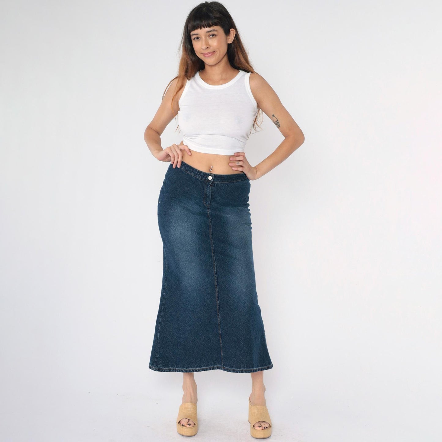 Y2K Dark Wash Denim Maxi Skirt High Rise Flared Jean Faded Blue Medium