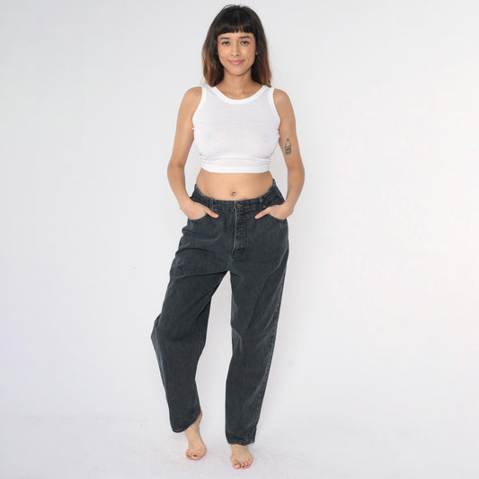 90s L.L. Bean Double L Black Denim High-Rise Straight-Leg Jeans Women's 14