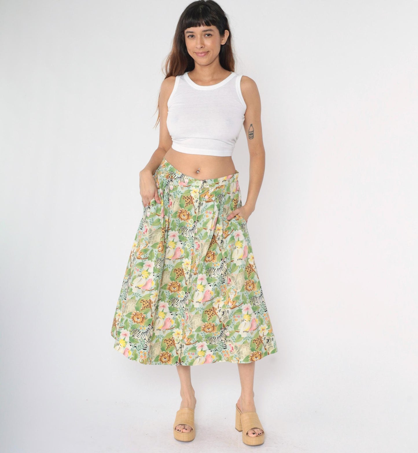 90s Safari Animal Print Midi Skirt Button Front Green Floral Medium